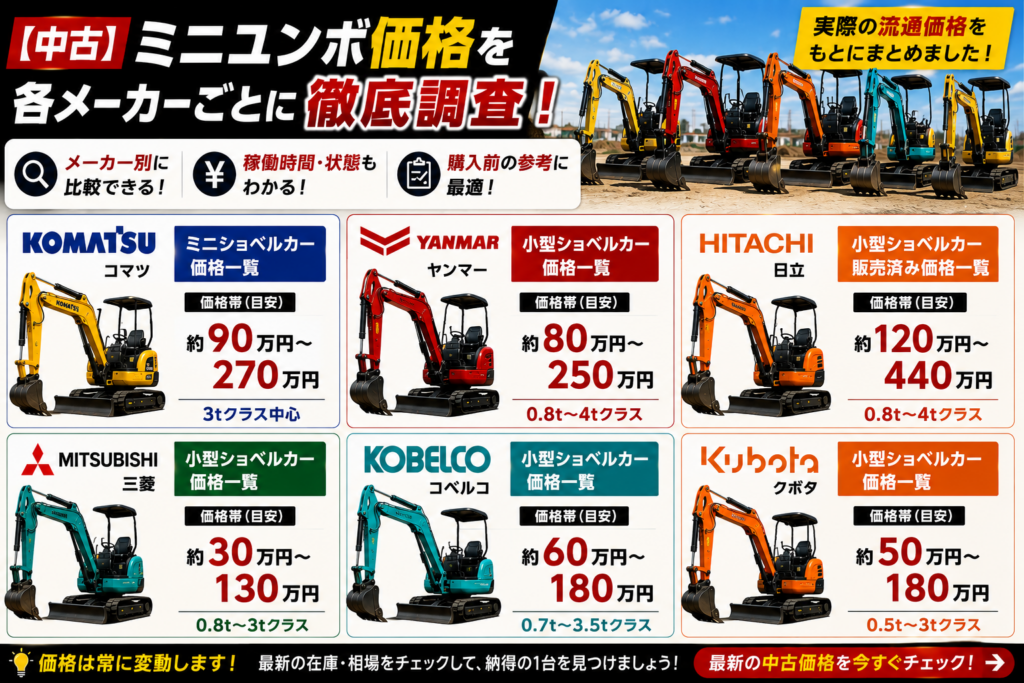 2025年 中古ミニユンボ価格各メーカー