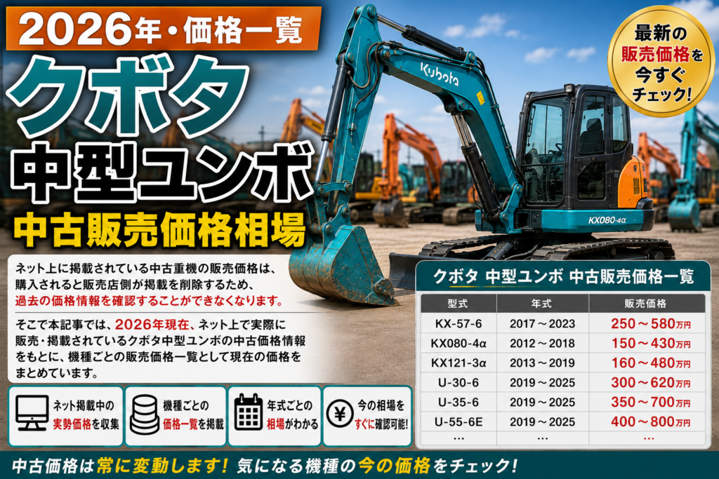 2026年 クボタ 中型ユンボ 中古販売価格相場一覧