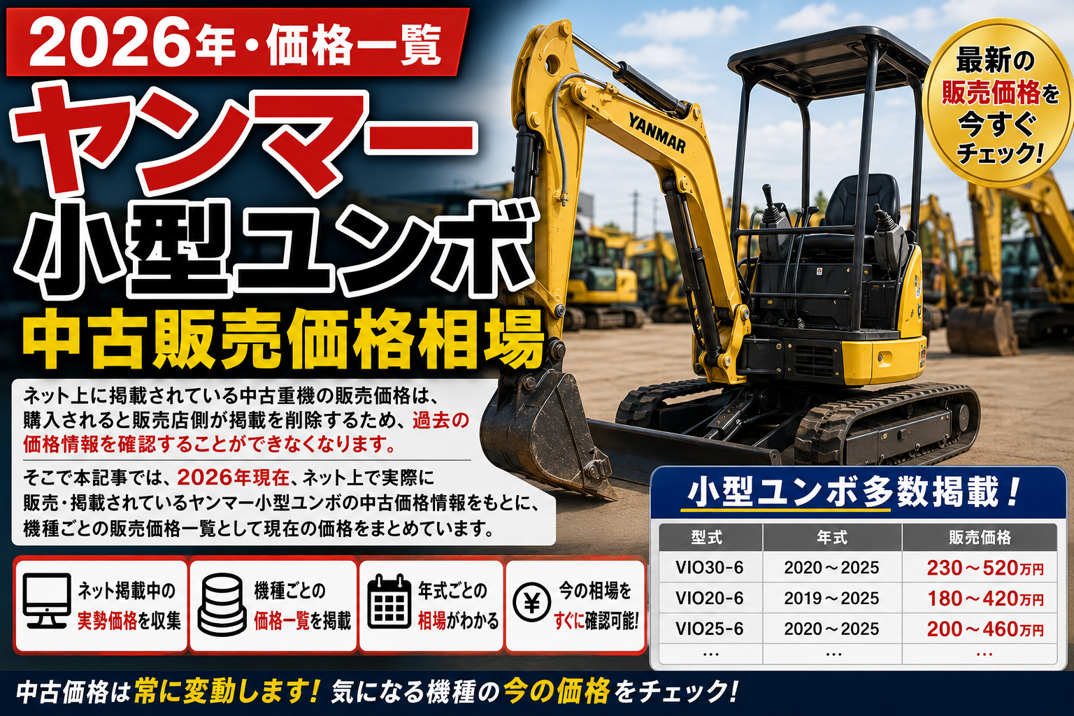 2026年 ヤンマー 小型ユンボ 中古販売価格相場一覧