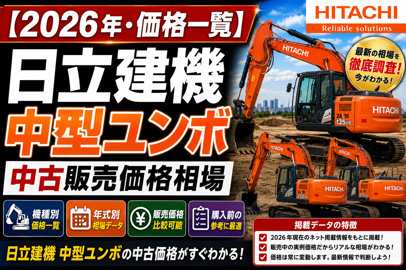 2026年日立建機 中　型ユンボ中古販売価格相場一覧