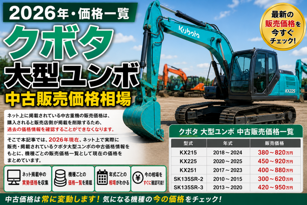 2026年 クボタ 大型 ユンボ 中古販売価格相場一覧